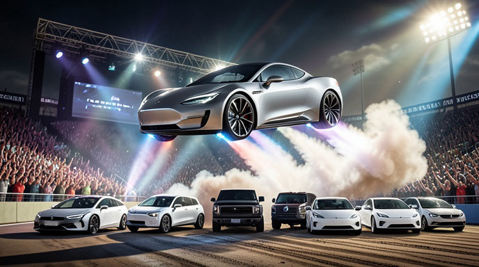 Tesla SpaceX Roadster Flying Leap Stuns Texas Demo Over Cybercab, Cybertruck and Semi